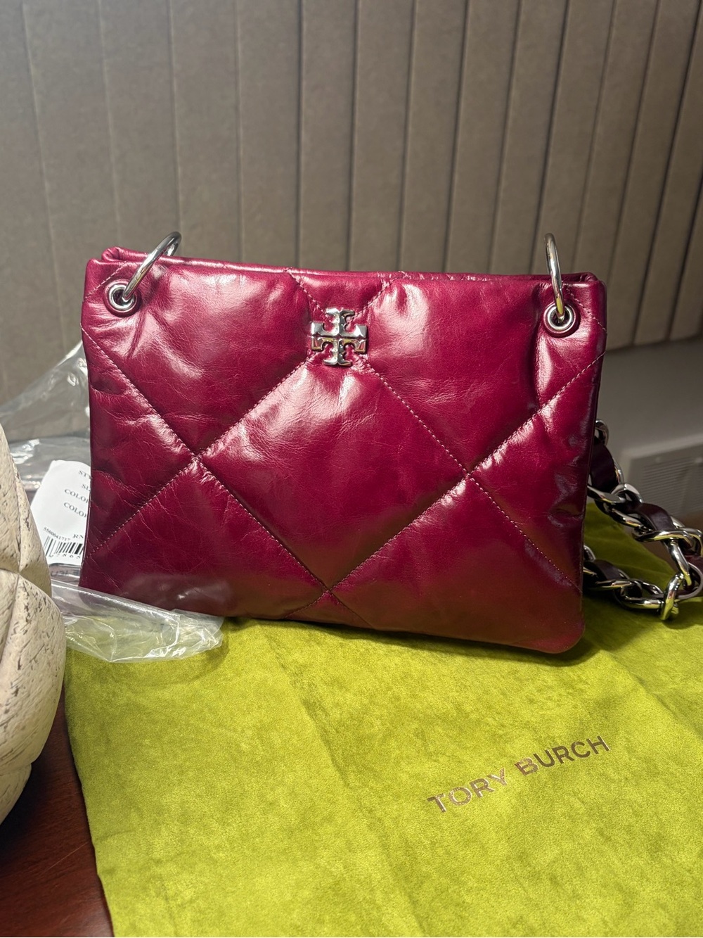 Tory Burch Dark Carmine Small Kira Diamond Quilt Distressed Shoulder Bag
